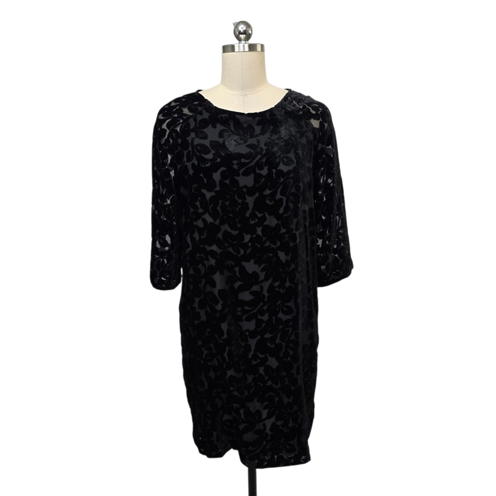 Garnet Hill Black Floral Burnout Velvet Shift Dress 3/4 Sleeve Size 4 Paisley